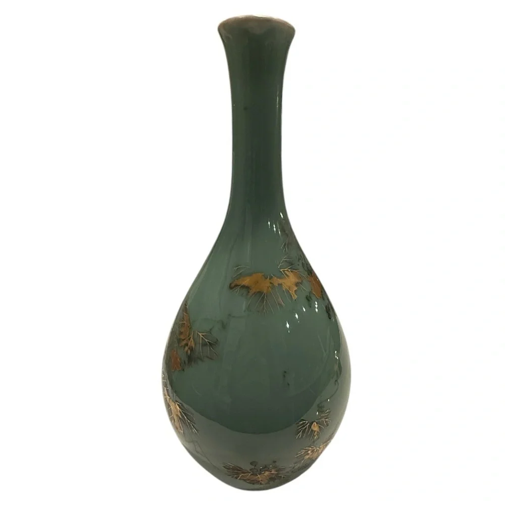 .Asian Turquoise Gilt Decorated Crane Neck Porcelain Glazed Large Vase #1
